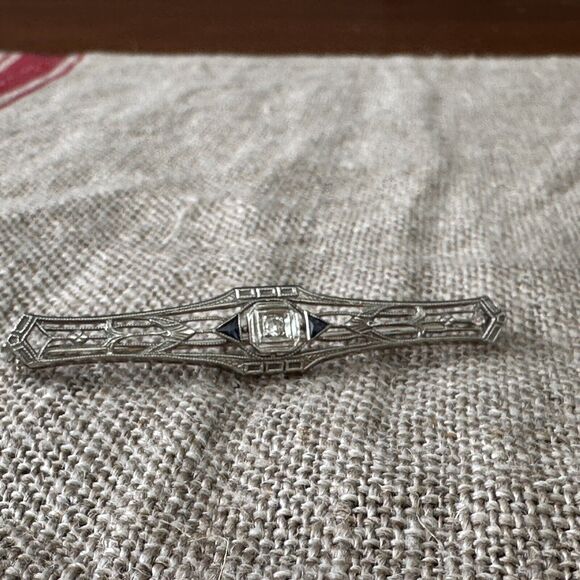 Antique 14k White Gold Art Deco Diamond Sapphire Brooch Pin